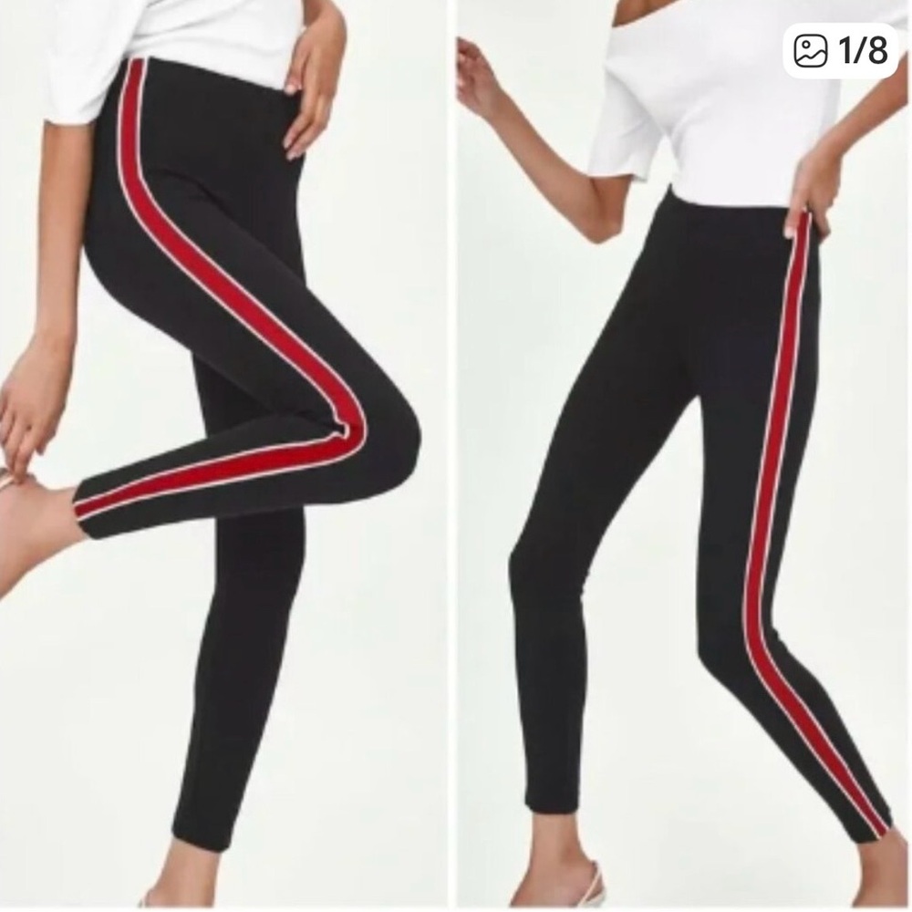 Zara Trafaluc Stretchy Black Ponte Leggings with Red Side Stripe Size Women’s S